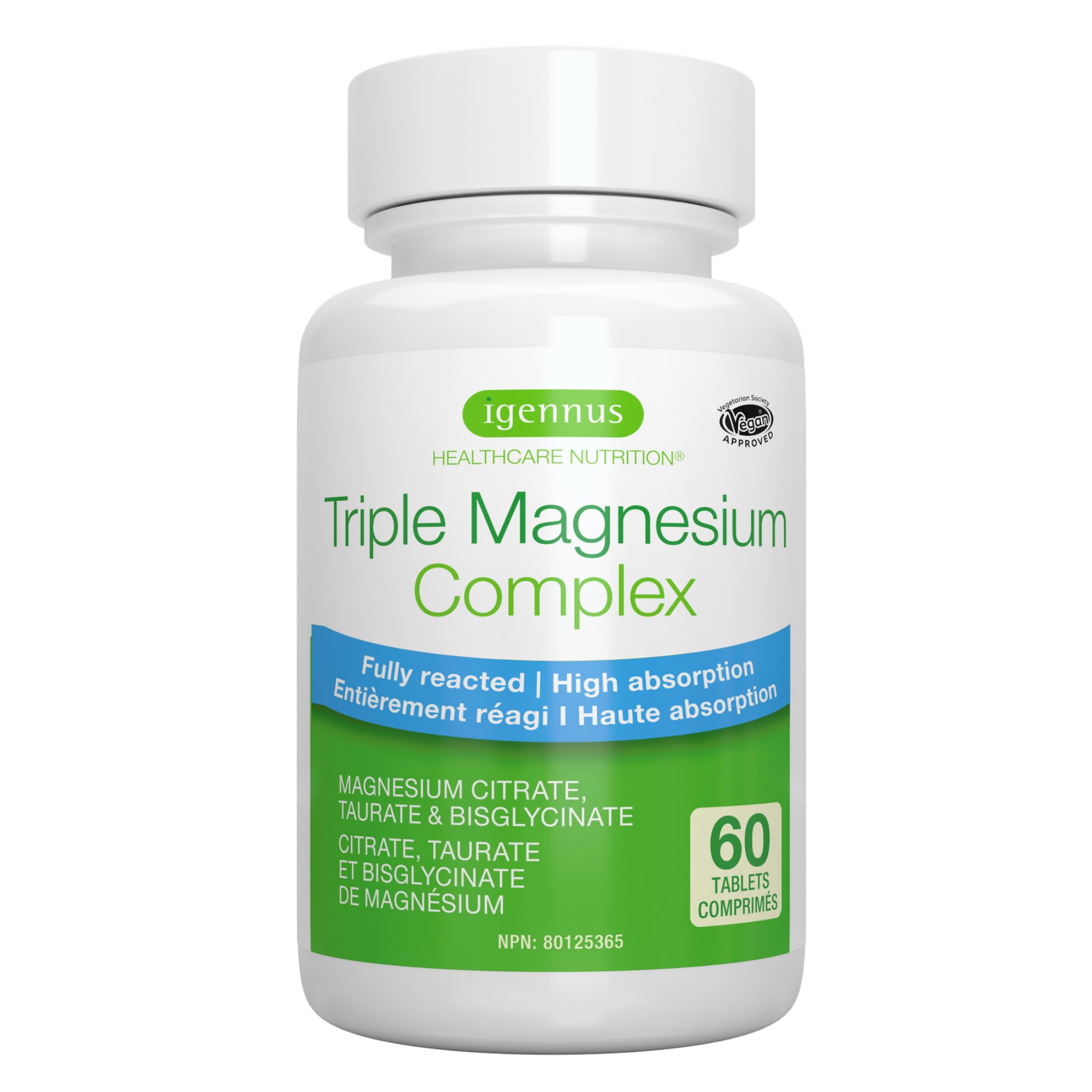 Igennus High Absorption Triple Magnesium Complex, 2000mg Glycinate, Taurate & Citrate, Chelated & Clean Label, 262mg Elemental Magnesium, Non-Buffered, Oxide Free, Vegan, 60 Tablets, 30 Serving