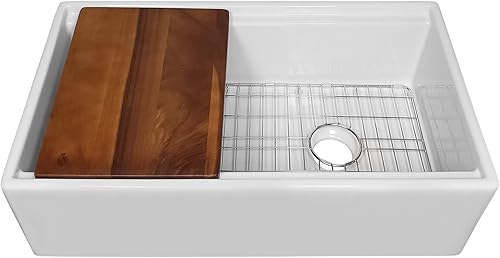 Miniatura 1 de Whitehaus Collection Juego de fregadero reversible de arcilla refractaria de 30 pulgadas con un delantal frontal liso, tabla de cortar de madera de