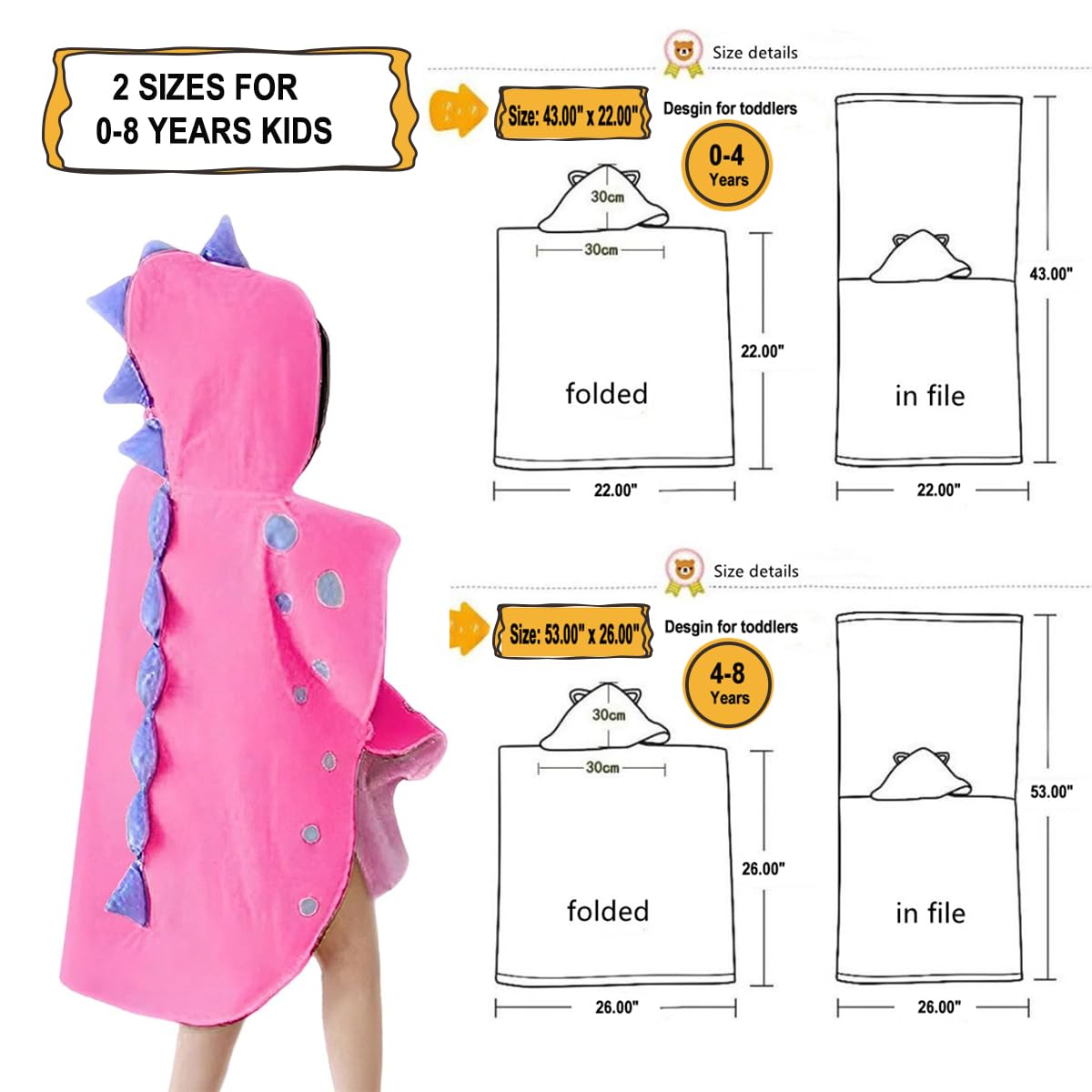 Toalla de baño para niños, 100% algodón, con capucha, toalla de playa, poncho de natación, toalla de piscina, diseño de dinosaurio, para niños y niñas de 0 a 8 años