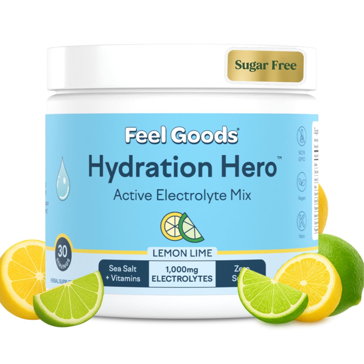 Feel Goods Hydration Hero, 1,000mg Electrolytes Powder, Sugar Free, Magnesium, Organic Aloe Vera, Organic Aloe, L Theanine, Vitamin C & B12, Non GMO, Keto, Vegan | Lemon Lime, 30 Servings