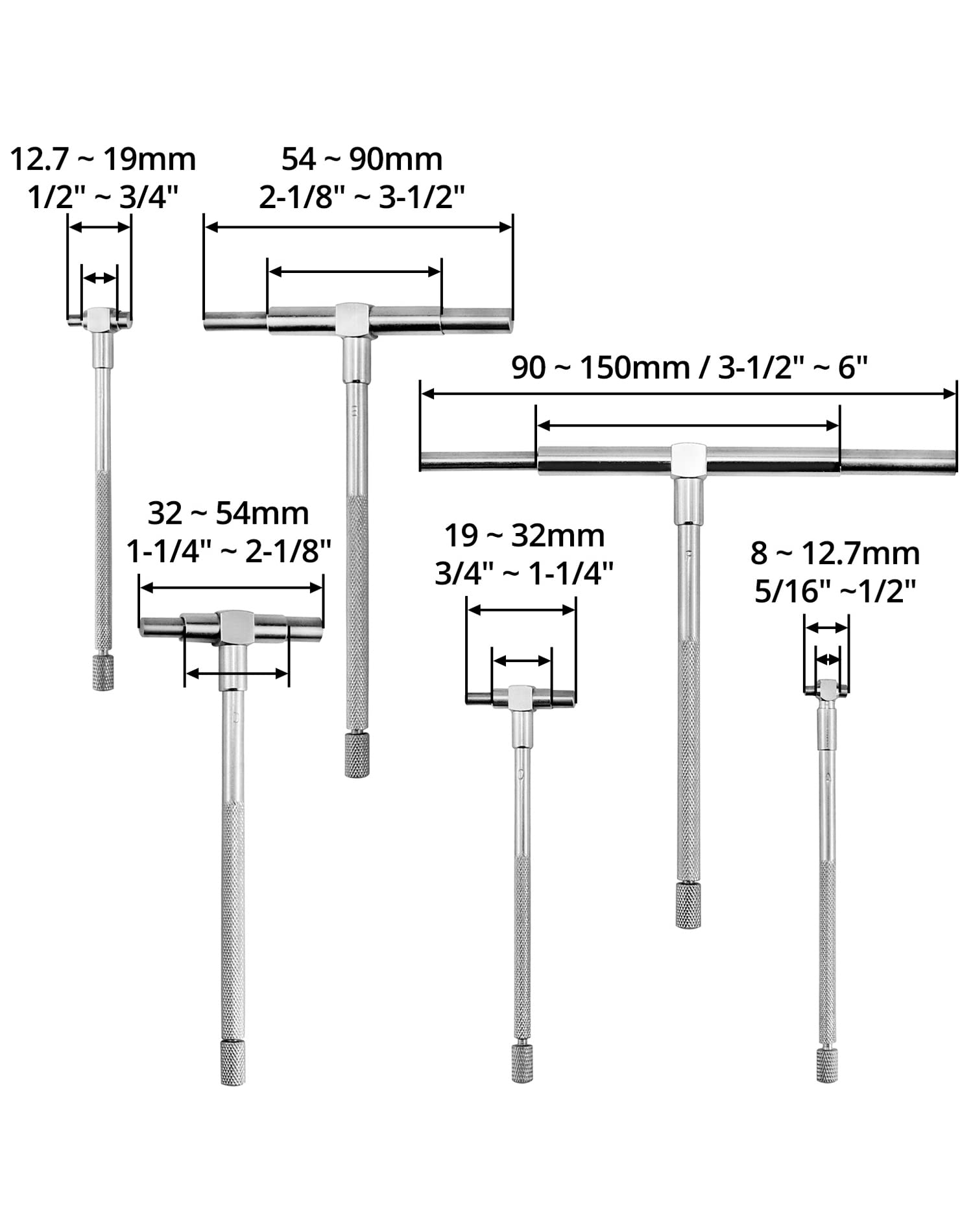 QWORK® Calibro Telescopico 8mm - 150mm Calibro Interno Set, Truschino Falegname, 6 Pezzi