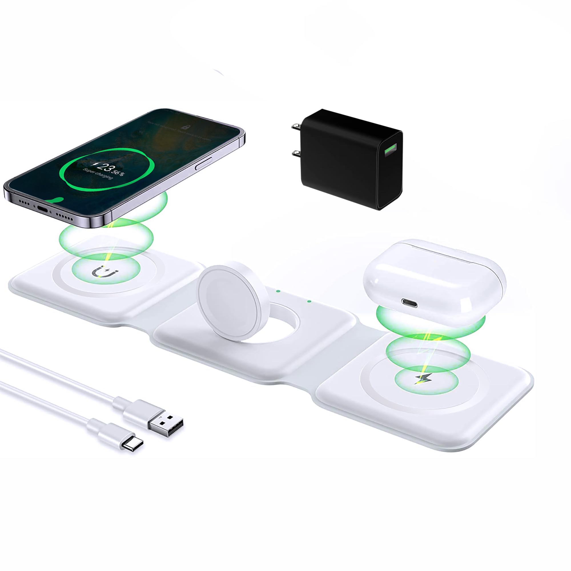 Photo 1 of Wireless Charger,3 in 1 Wireless Charging Station, Multi-Purpose Fast Wireless Charger Stand for iPhone 14/13/12/11/Pro/Max/XS/XR/X/8/Plus,for Apple Watch,for Airpods(18W Charger and Data line)