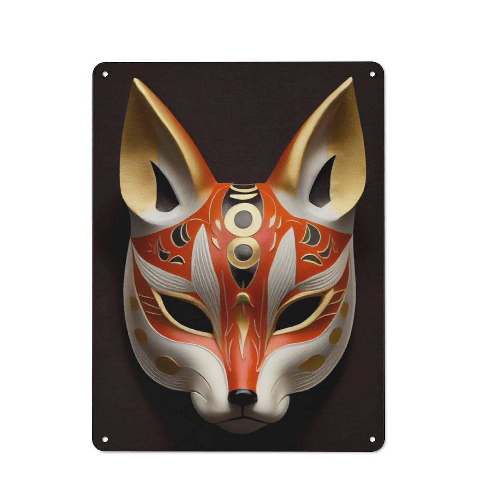 Cunning Fox Kitsune Mask Clean Industrial Metal Wall Decor 40x30cm, Decorative Metal Plaque for Workspace, Cafe, Hallway Or Garage