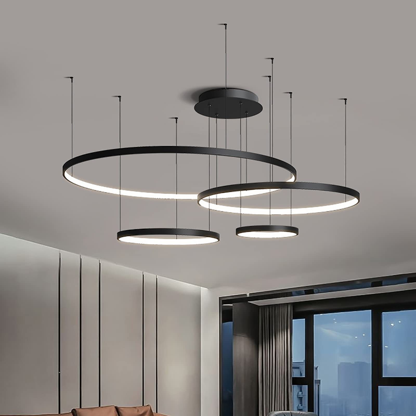 KXEcoLife Contemporary Dimmable LED Chandelier for Living Room Kitchen Island Bar Black 4 Ring Acrylic Pendant Light Fixture (20+40+60+80cm)