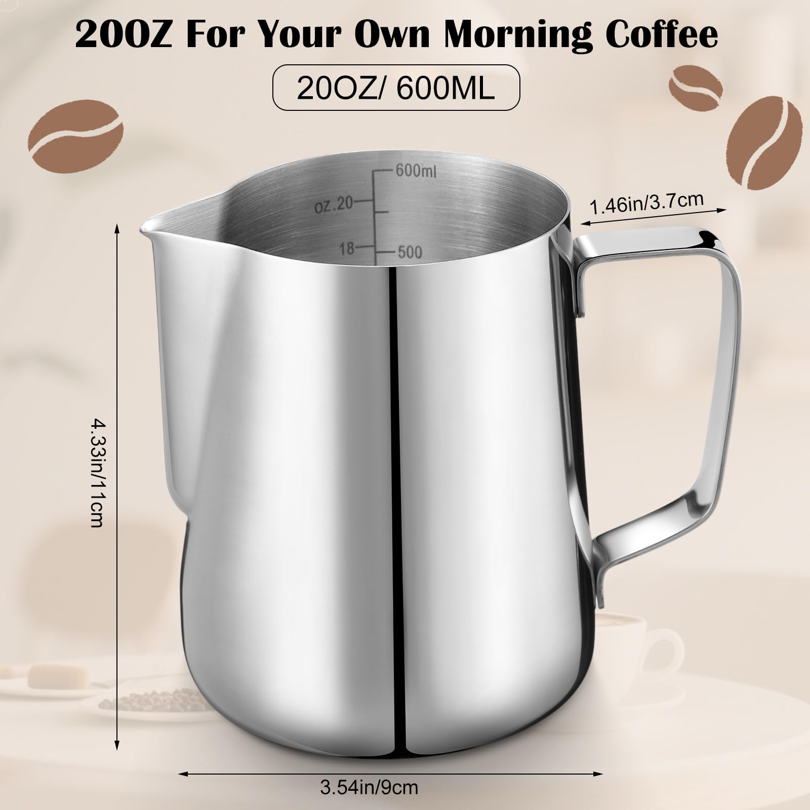 Honeydak 4 jarras de espuma de leche de 20 onzas, de acero inoxidable 304, para café, bar, capuchino, barista, herramientas, jarra de leche, vaporizador, taza espumadora