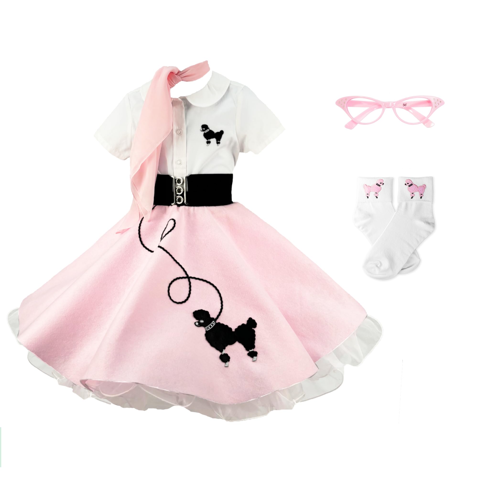 Hip Hop 50's Shop Girls 1950s Poodle Skirt Costume 7 Piece Child Outfit Set