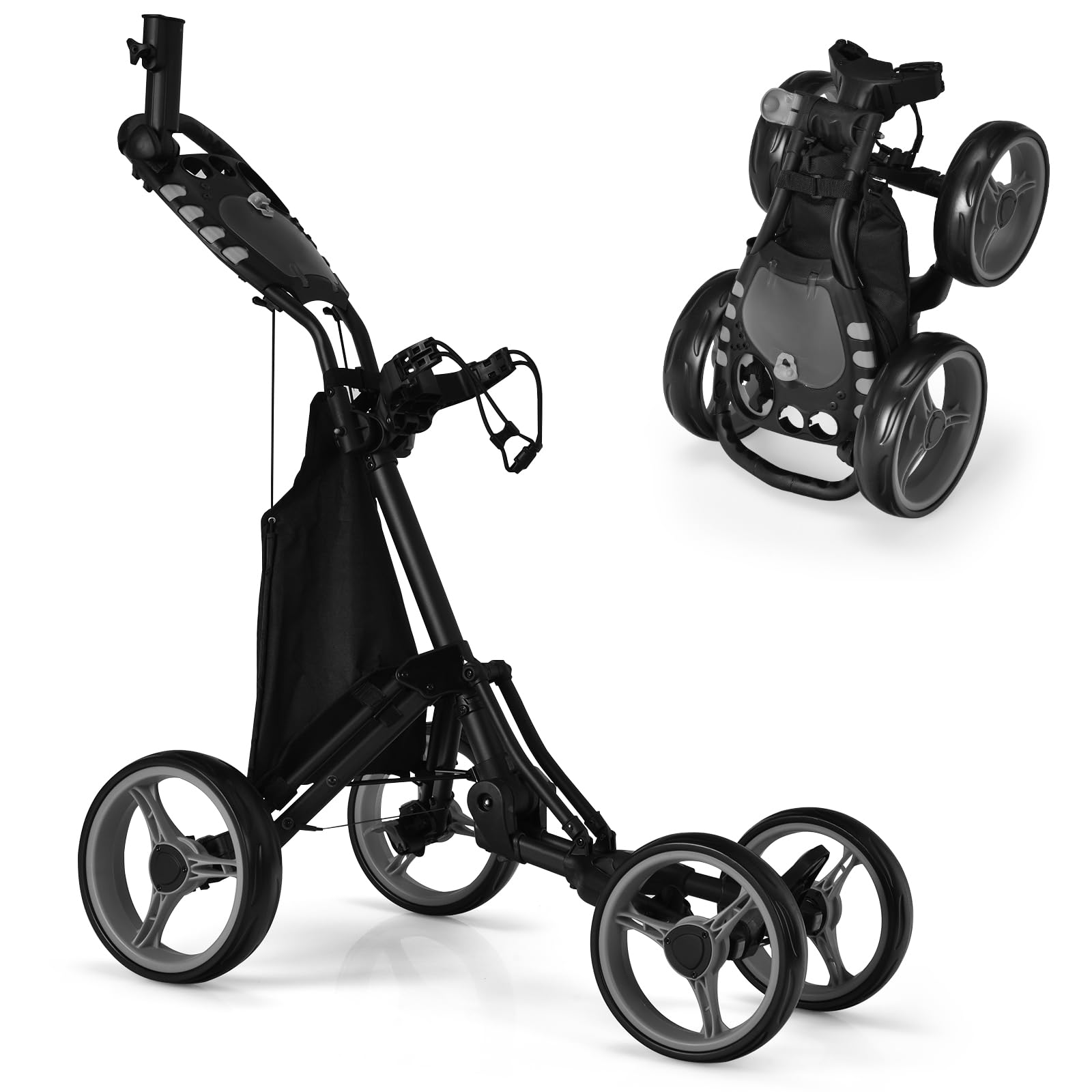 4 Wheels Golf Push Pull Cart, Folding Lightweight Golf Trolley with Storage Bag, Foot Brake, Umbrella Holder and Built-in Cooler, Convenient Quick Open Golf Bag Holder (Gray)