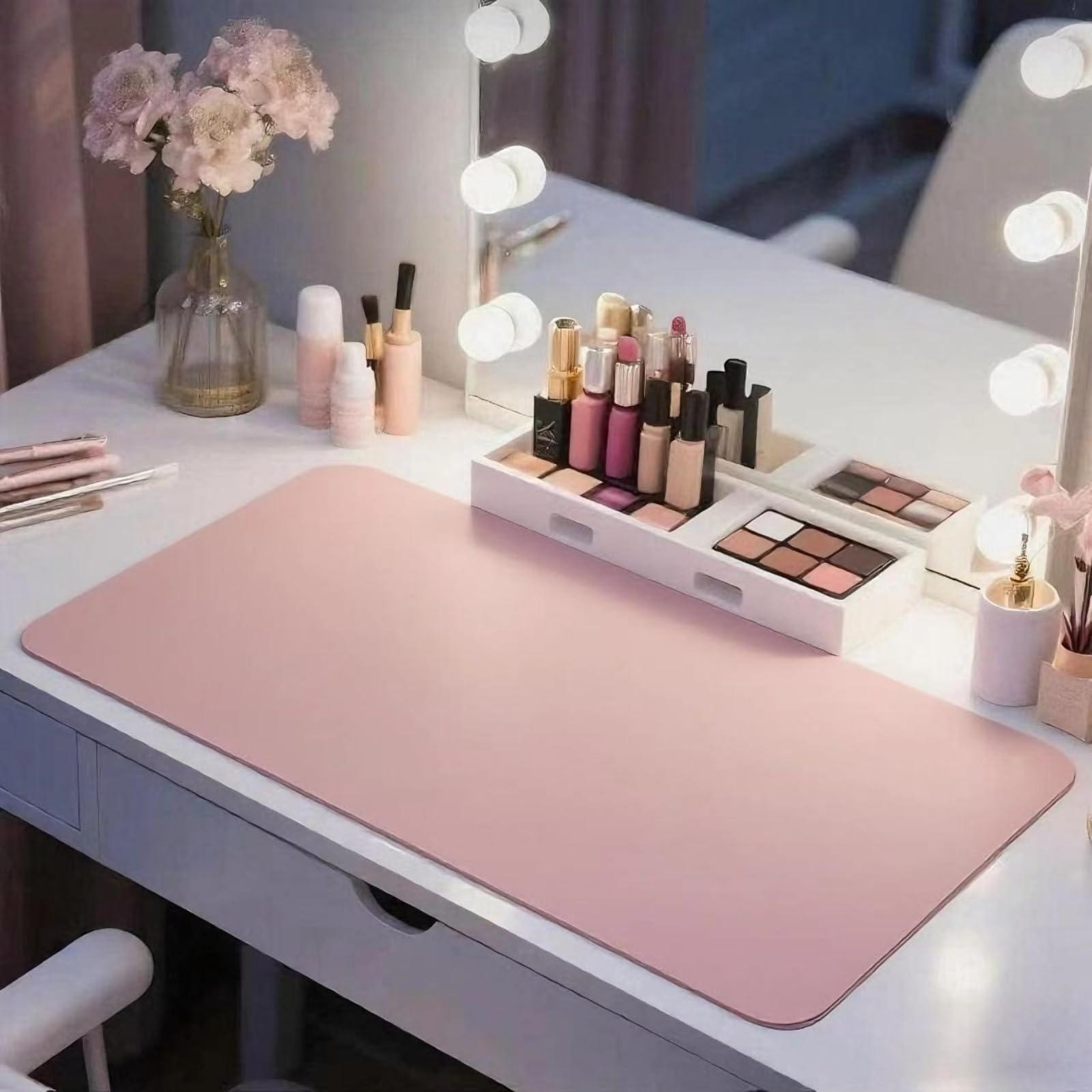 15.7"x23.6" Waterproof Makeup mat -Easy to Clean PU Leather Vanity Table Protector, No-Slip Vanity Mat for Makeup Brushes, Jewelry, Skincare (Pink)