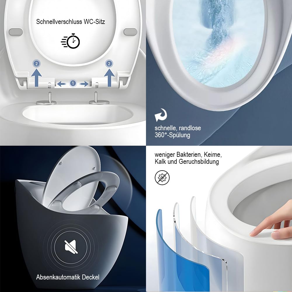 EGO INTERIORS Royalty Line | Einteilige Stand-WC mit eingebautem Spülkasten | Komplett-Set | kompakt und randlos | Sitz mit Soft Close Absenkautomatik | Quick Release Scharnieren | weiße Keramik