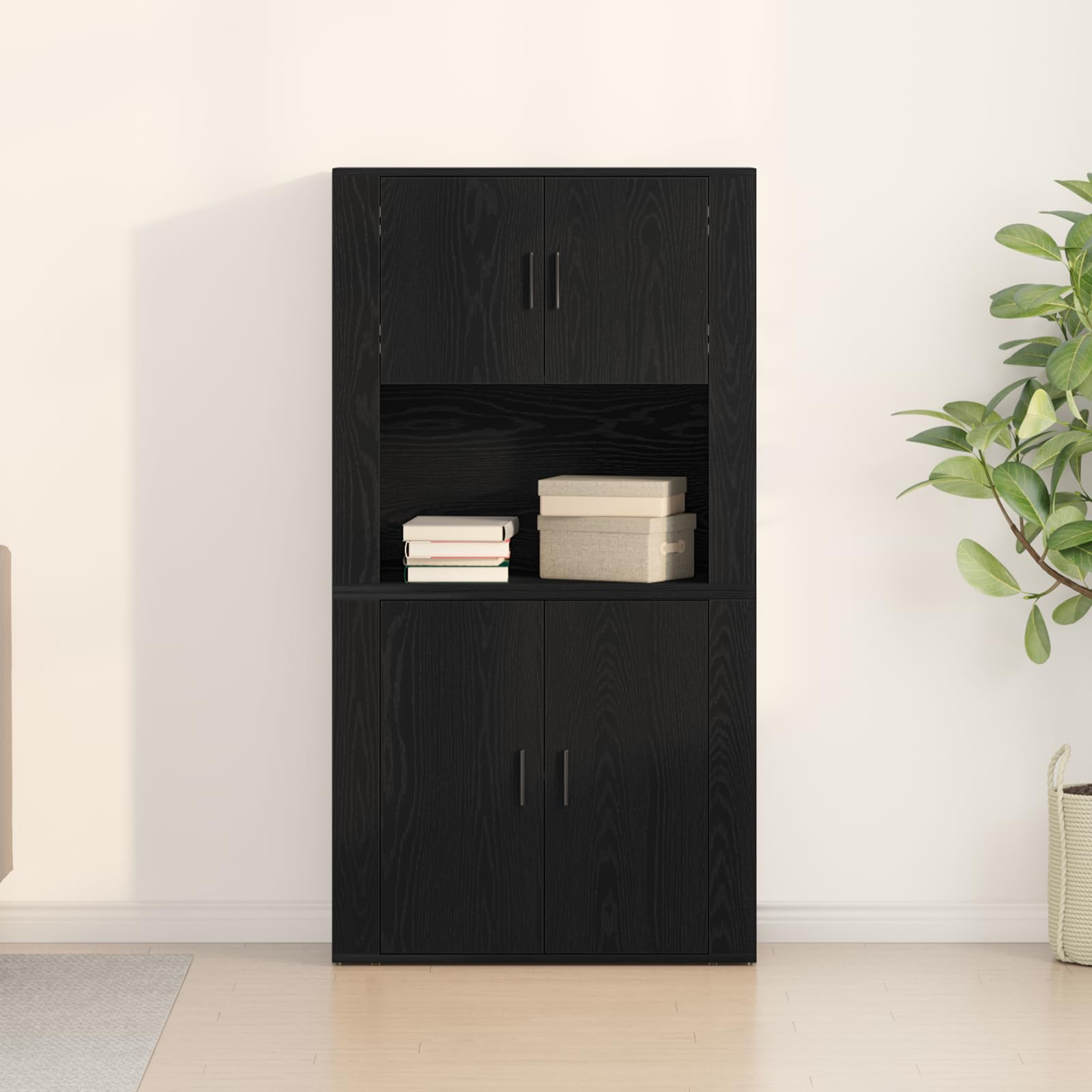 Credenza Alta Madia per Dispensa in Legno Ingegnerizzato Nero 80x33x150 cm con 4 Ante e 2 Mensole per Sala da Pranzo o Soggiorno Design Moderno