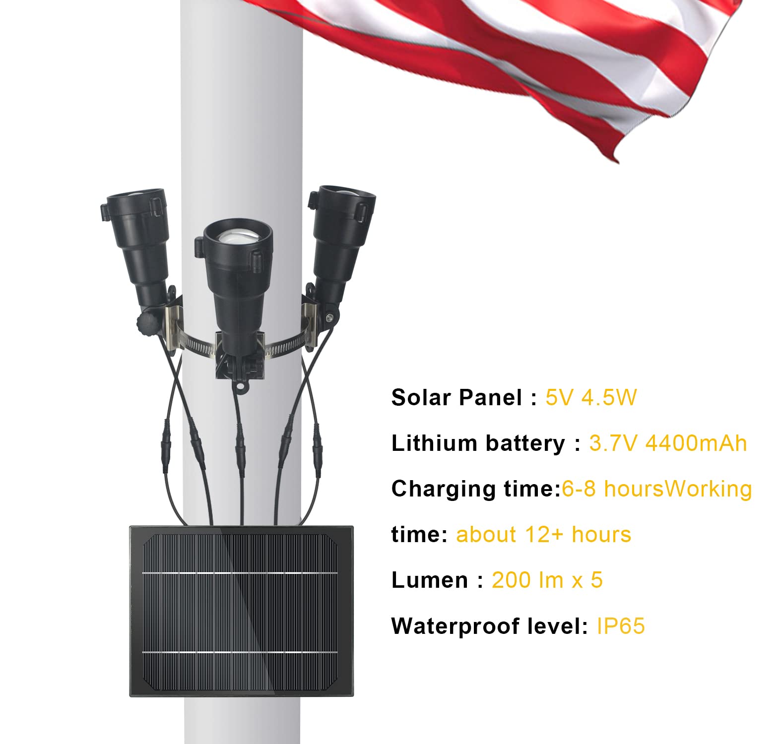 Luce Solare Per Asta Bandiera 1000 Lumen - Lampada LED Impermeabile Con Supporto Superiore - Per Aste Da 4,6 A 7,6 M - 3