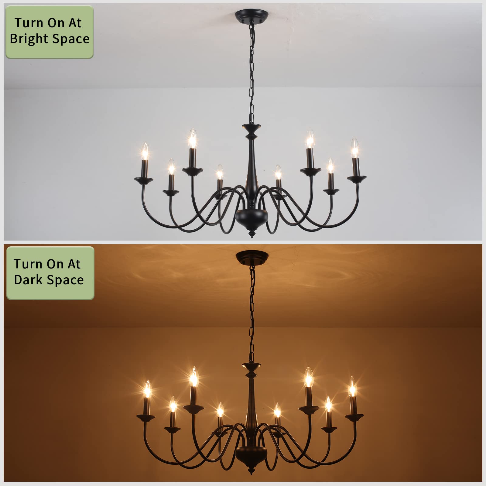 Candelabros de granja para comedor, 8 luces, lámpara negra, lámpara colgante de techo, lámpara rústica para sala de estar, dormitorio, entrada 6
