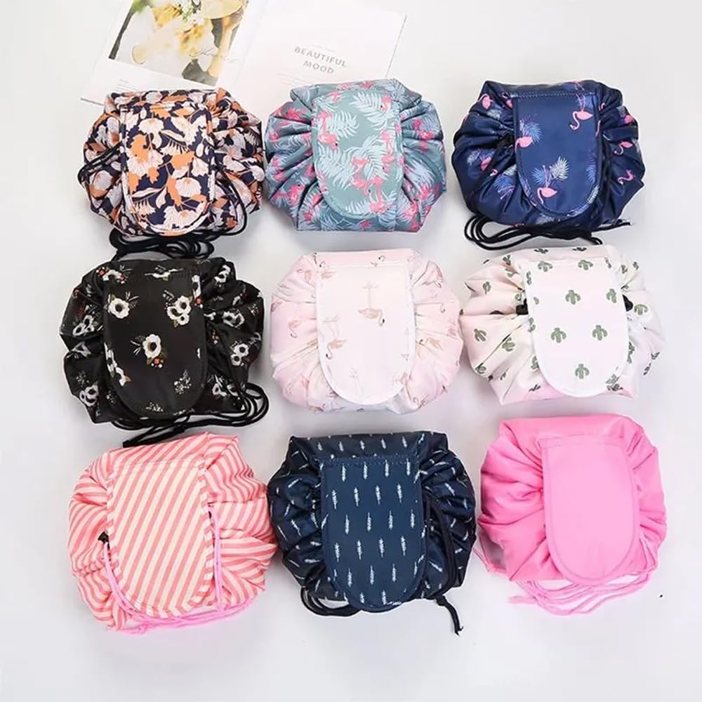 Maharsh Women's Convenient and Waterproof Multifunction Portable Lazy Travel Cosmetic Storage Makeup Organizer Toiletry Bag with Drawstrings (Black Floral)