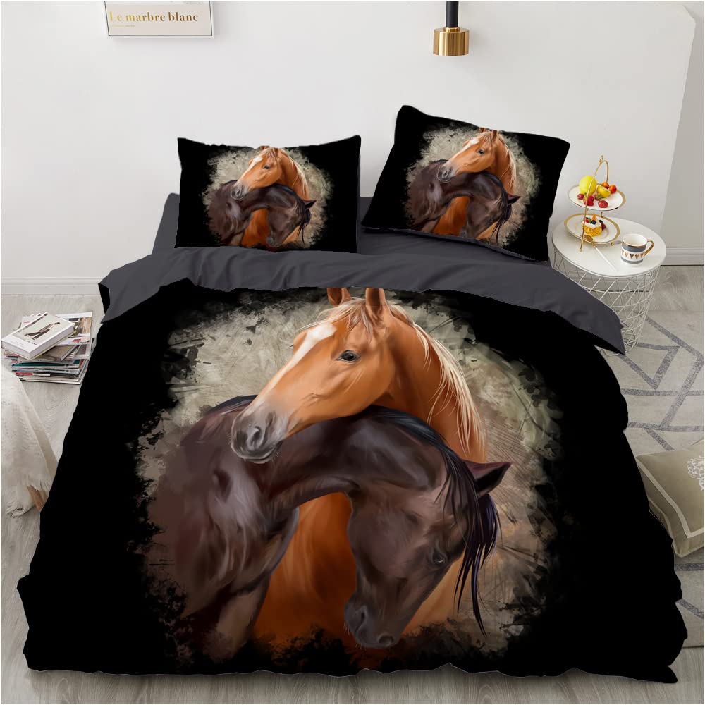 Fundas Nordicas 105 Caballo Negro Ropa de Cama 105 para Niñas Niños con Cremallera Suave Transpirable Microfibra Fundas Nordicas 180x220 cm + 2 Fundas de Almohada 50x80 cm