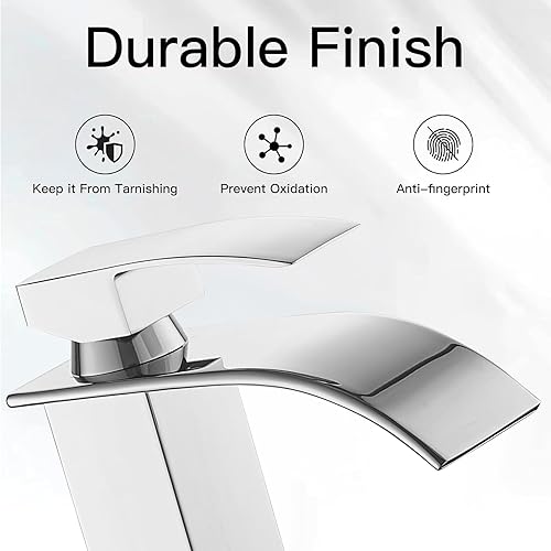 Miniatura 2 de Hoimpro Grifo de baño cromado con boquilla de cascada grifo de lavabo de baño de una sola manija grifo mezclador de lavabo con placa de cubierta