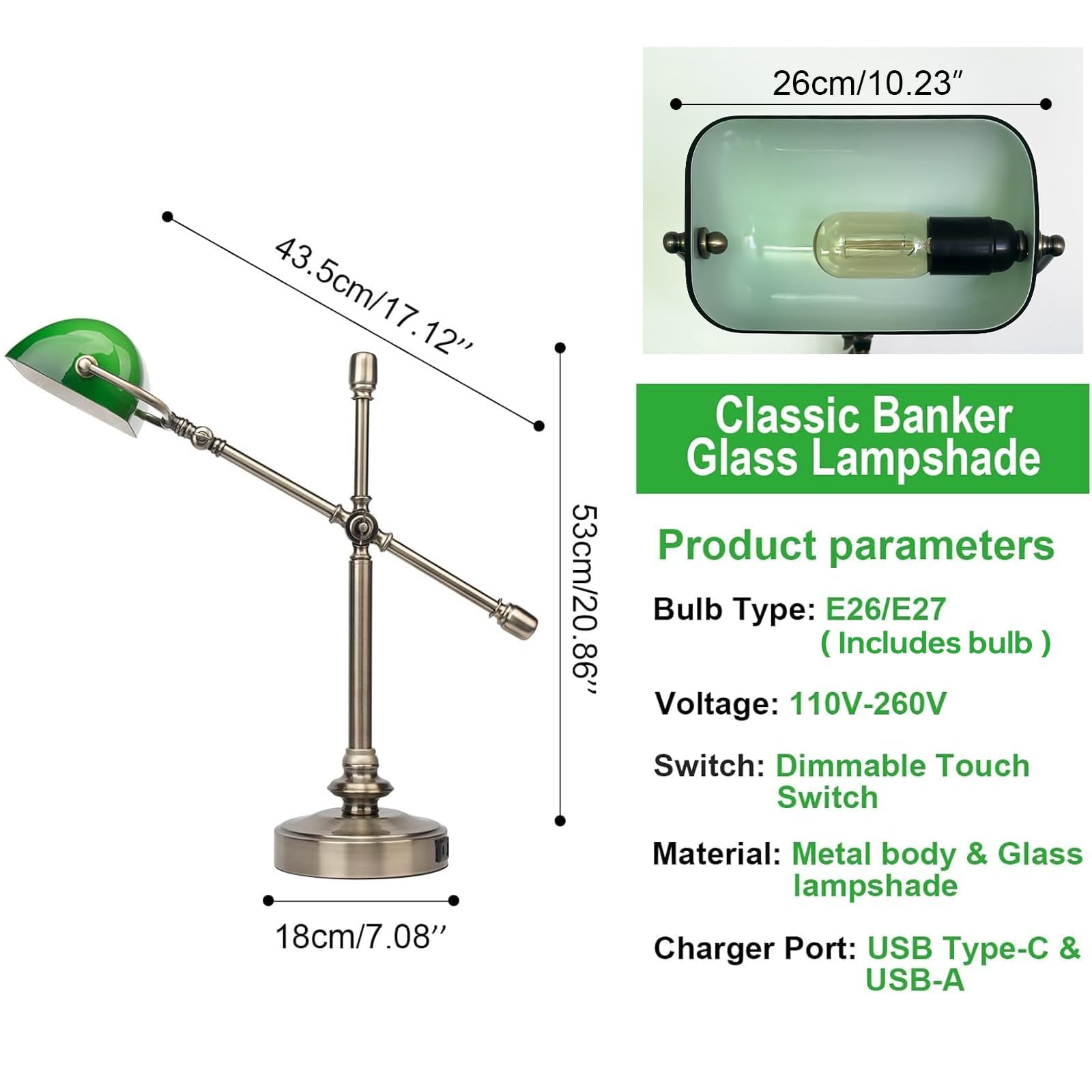 FIRVRE Lampada da banchiere verde, dimmerabile, vintage, LED da scrivania con funzione di ricarica, lampada da tavolo touch, dimmerabile, e27, per studio, casa, ufficio, soggiorno, camera da letto