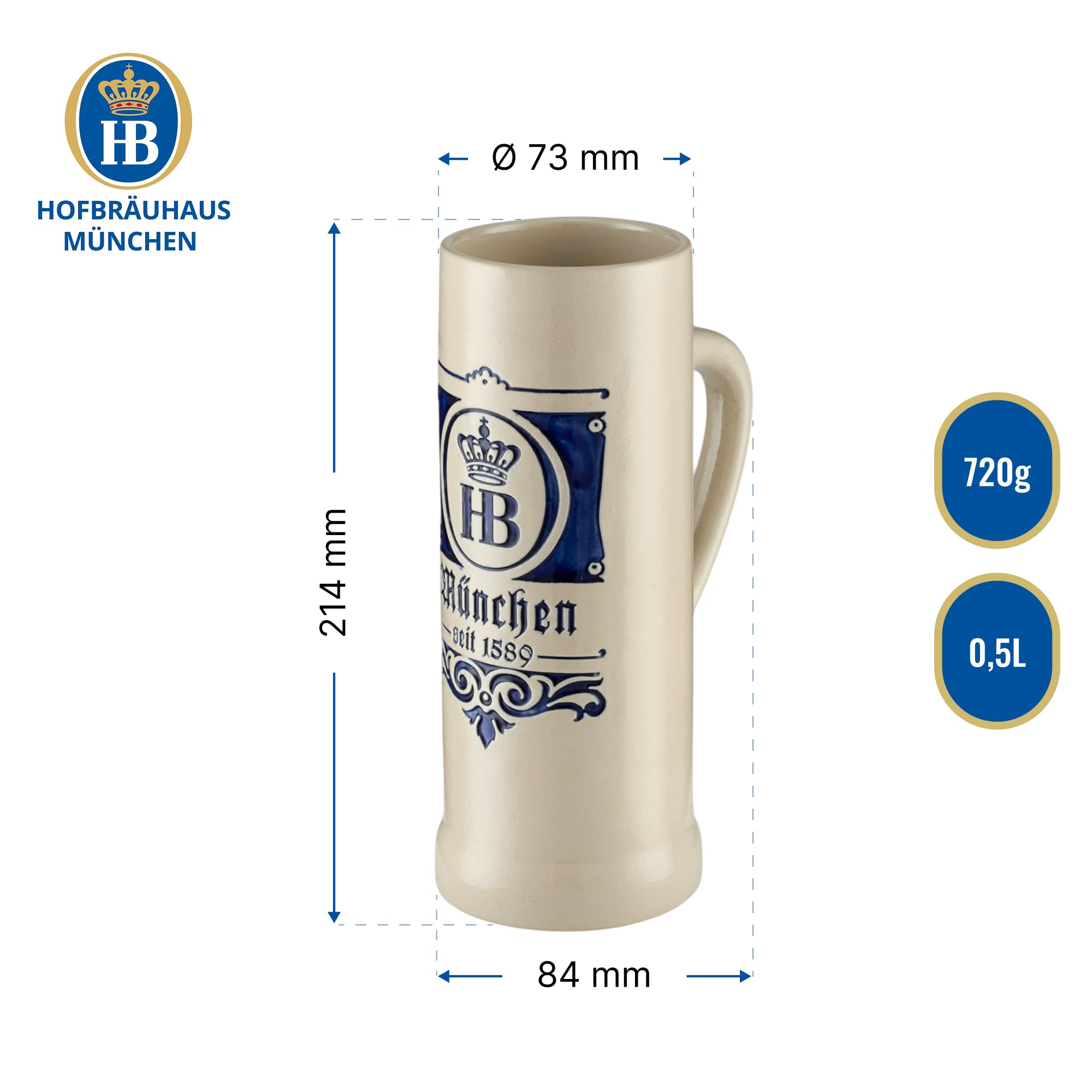 Hofbräuhaus München Bierkrug | Steinkrug Saga 1589" 0,5 l Maßkrug l Bierglas Original HB Logo, HB Krug mit München Schriftzug und Gründungsjahr in Blau mit Eleganten Traditionellen München Design