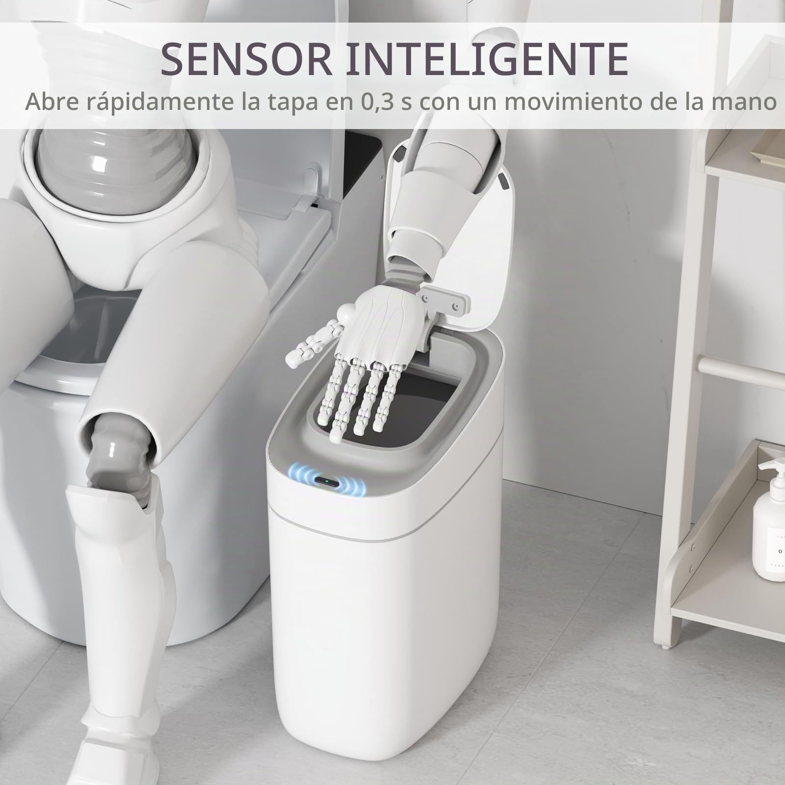 ELPHECO Bote de basura automático para baño con tapa, 2.5 galones, con sensor delgado, cubo de basura de plástico estrecho de 9 litros, contenedor de basura impermeable con sensor de movimiento para
