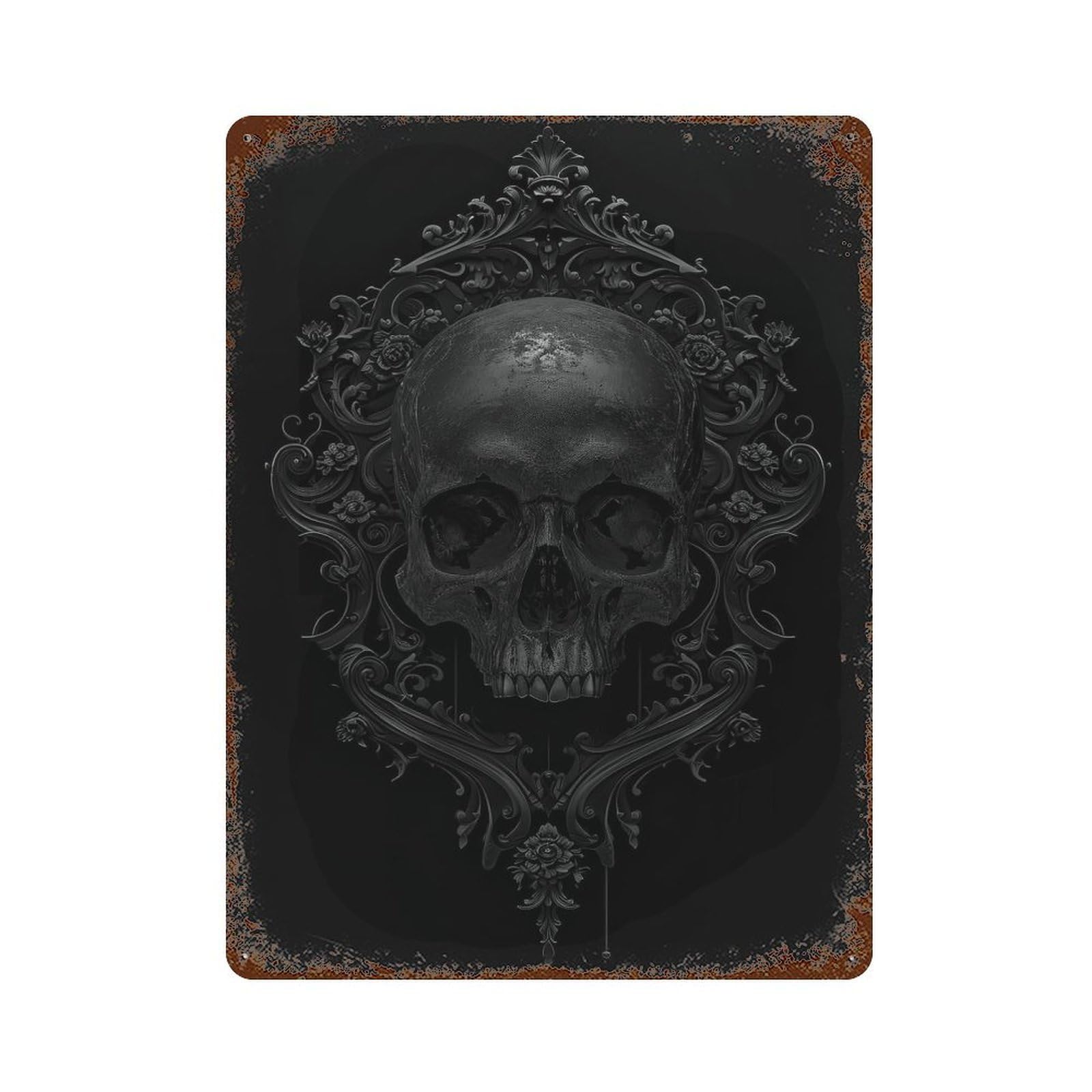 Vintage Rust Metal Sign with Baroque Black Skull Design 15.7"x11.8", for Shed, Workshop And Garage Wall Decor, Classic Wall Plaque