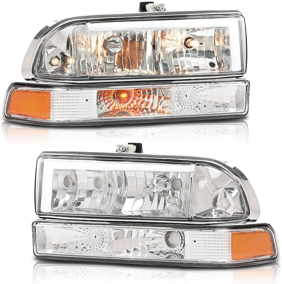 PIT66 Headlights Assembly Front Headlamp LED Light Bar Compatible with Chevy Blazer 1998-2005 / Chevy S10 Pickup 1998-2004 with Bumper Lights Clear Lens Chrome Housing Amber Reflector