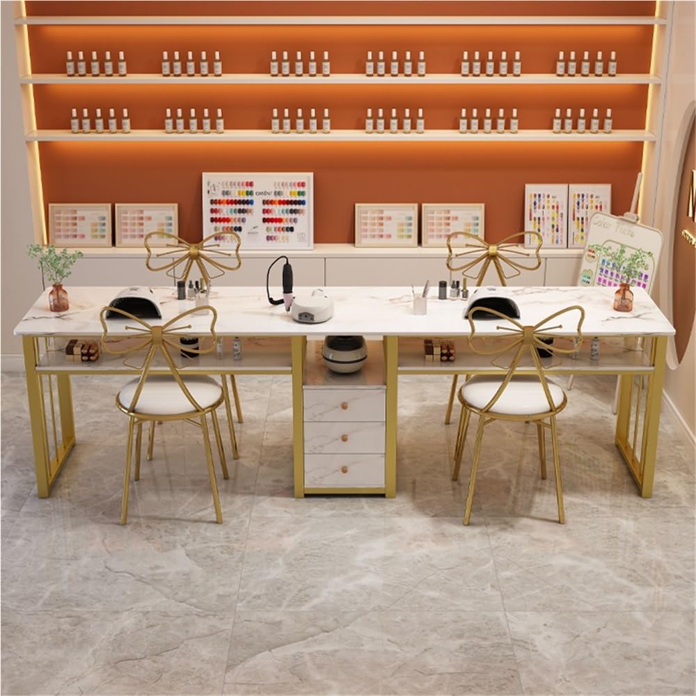 Nail Table for Multi-Person, Manicure Table for Nail Tech with Gold Frame, 3-Tier Storage Drawers Nail Station, Nail Desk with Marble Finish for Beauty Salon, Spa(180cm)