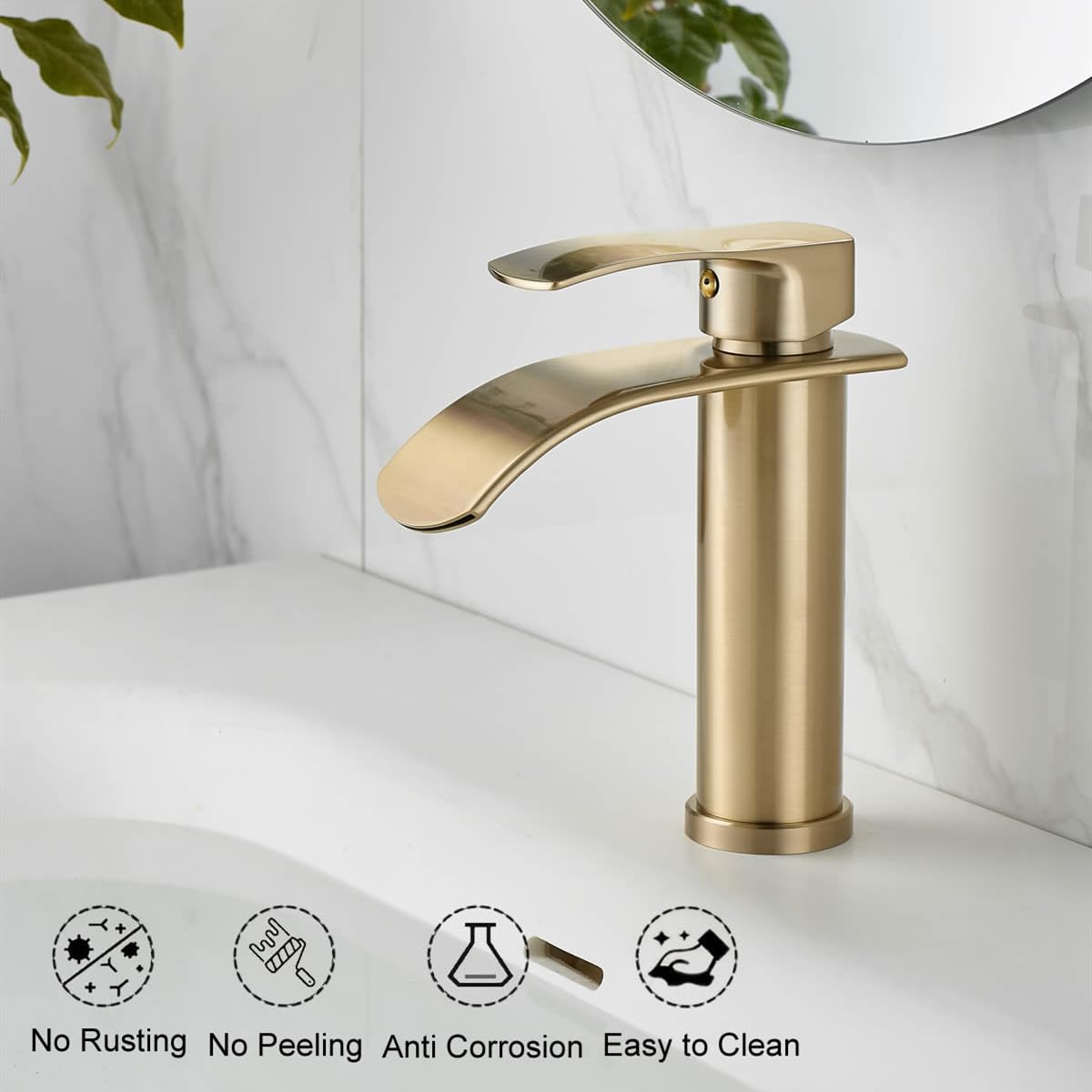 Beelee, rubinetto monoforo con miscelatore a cascata, con attacco G3/8" per acqua fredda e calda, oro spazzolato, rubinetto moderno per lavabo da bagno