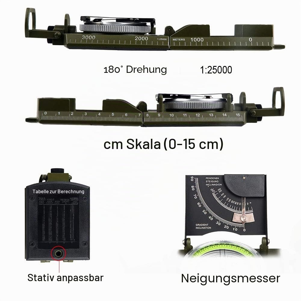BIJIA Professioneller Multifunktionaler Kompass, aus Metall, wasserdicht, hohe Genauigkeit, mit Neigungsmesser und Wasserwaage, für Wandern, Klettern, Bootfahren, Erkundung, Jagd, Geologie