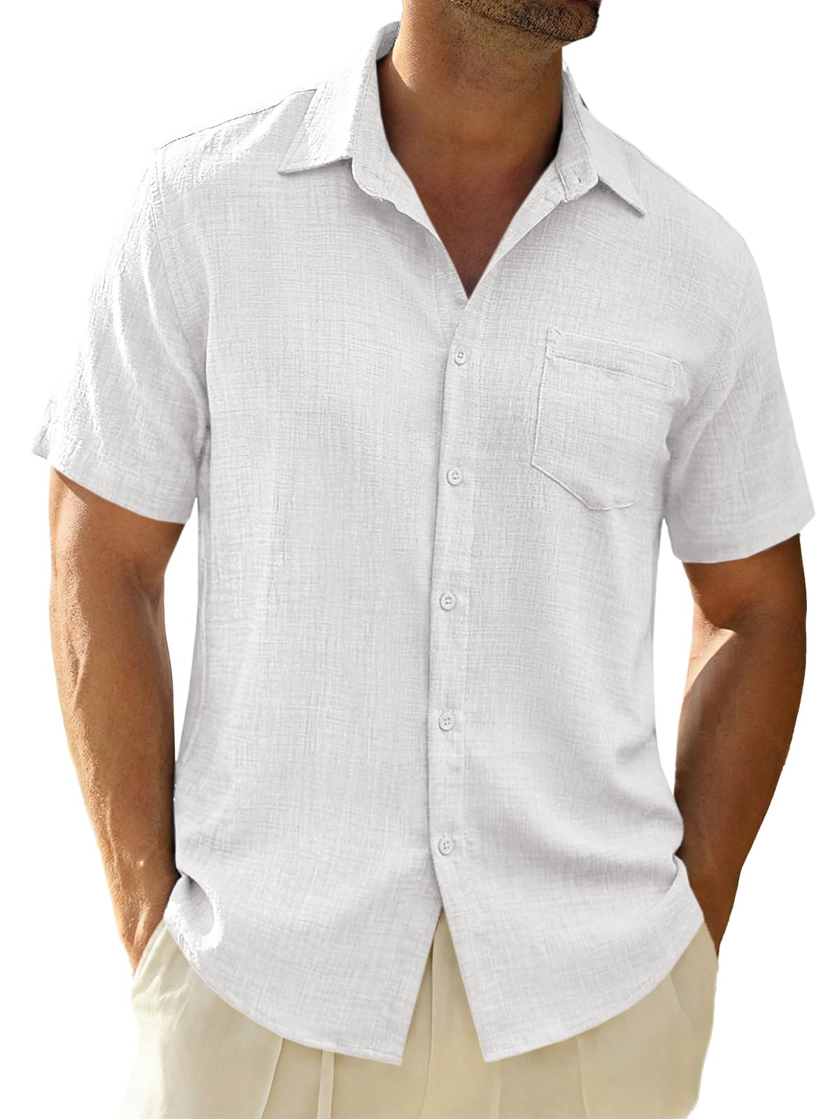 Mens Button Down Shirts Linen Shorts Sleeve Textured Shirt