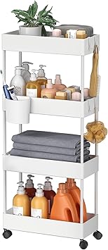Pipishell Slim Storage Cart with Wheels, 4 Tier Bathroom Storage Organizer Rolling Utility Cart for Bathroom Kitchen Laundry Room Office Narrow Place White