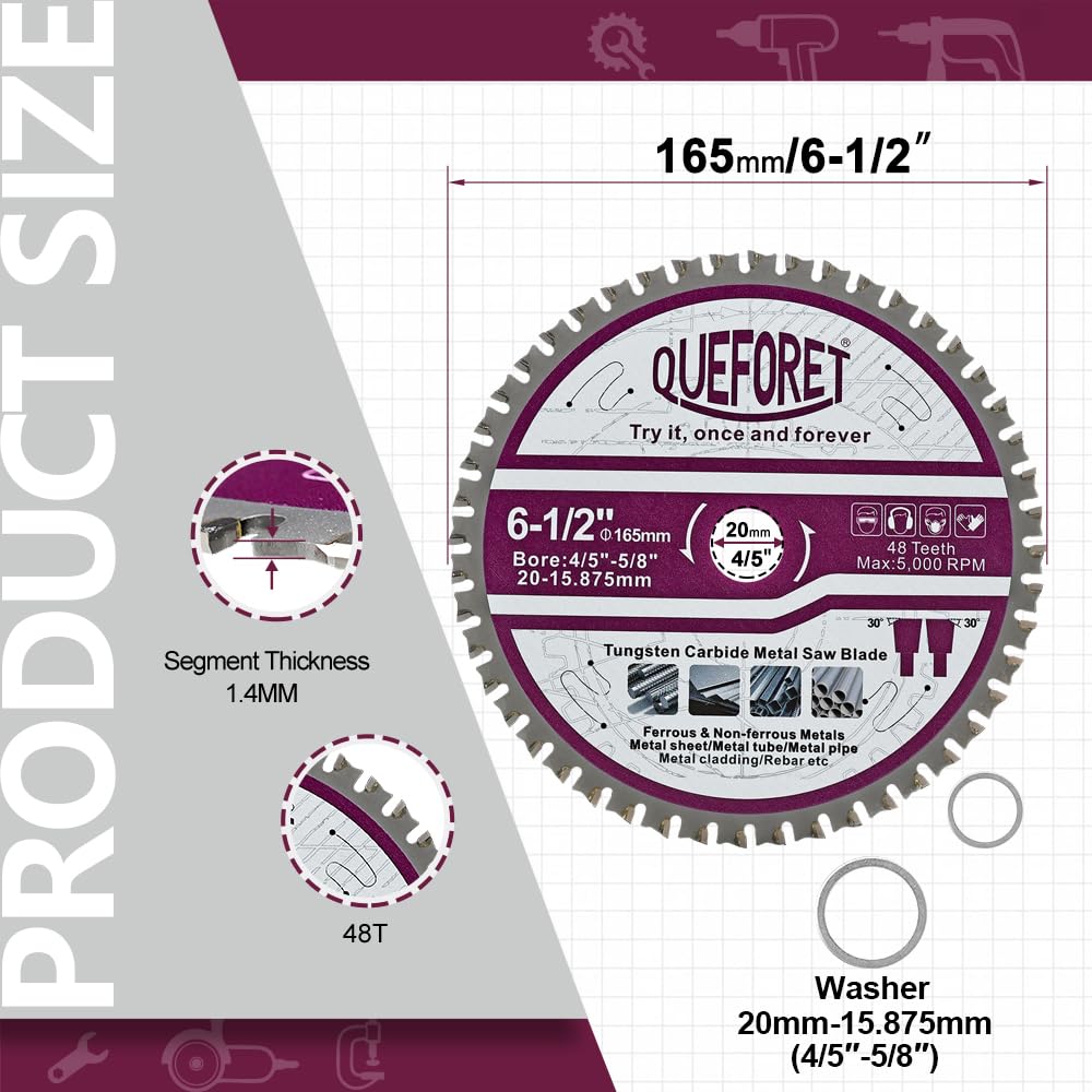 165mm Hoja de Sierra Circular - Disco Corte Metal, 20mm Orificio con Arandela de 15,875mm para Hierro Acero Metal Chapa/Tubo/Barra, 48 Dientes