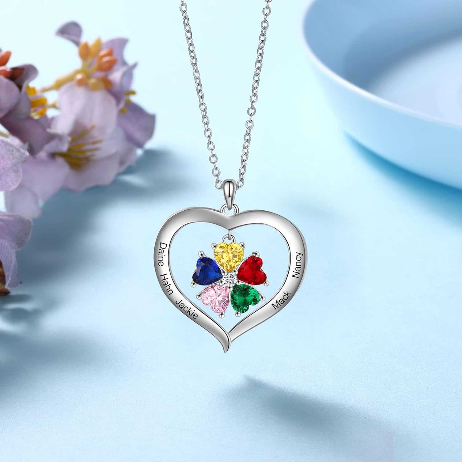 Personalized Names Forever Love Heart Women Necklace with 1-8 Simulated Birthstone Pendant Necklaces for Grandma Family Promise Jewelry Birthday Gift for Her Mom Wife