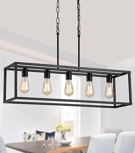 AMZASA Lámpara rectangular negra para isla de cocina, lámpara industrial rectangular moderna para comedor 5 luces lineal vintage jaula luminarias UL