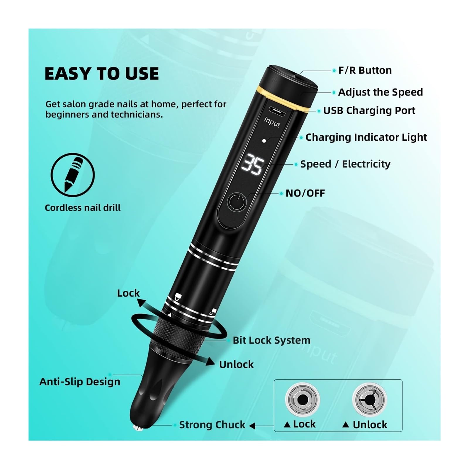 Lima Elettrica For Trapano For Unghie Senza Fili, Professionale For In Polvere For Immersione In Gel Acrilico Kit Portatile For For For Manicure Pedicure , Basse vibrazioni(108-Grey)
