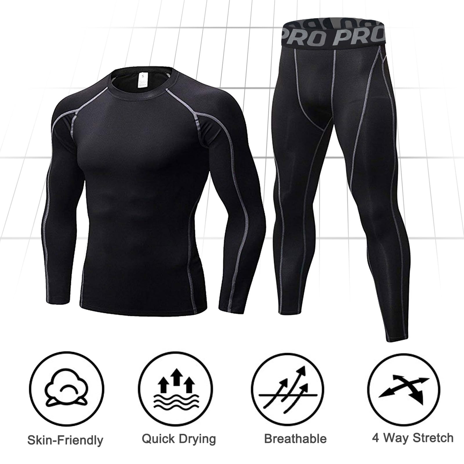 Set di biancheria intima termica da uomo a maniche lunghe con collo alto e pantaloni lunghi per allenamento, sci, corsa, escursionismo