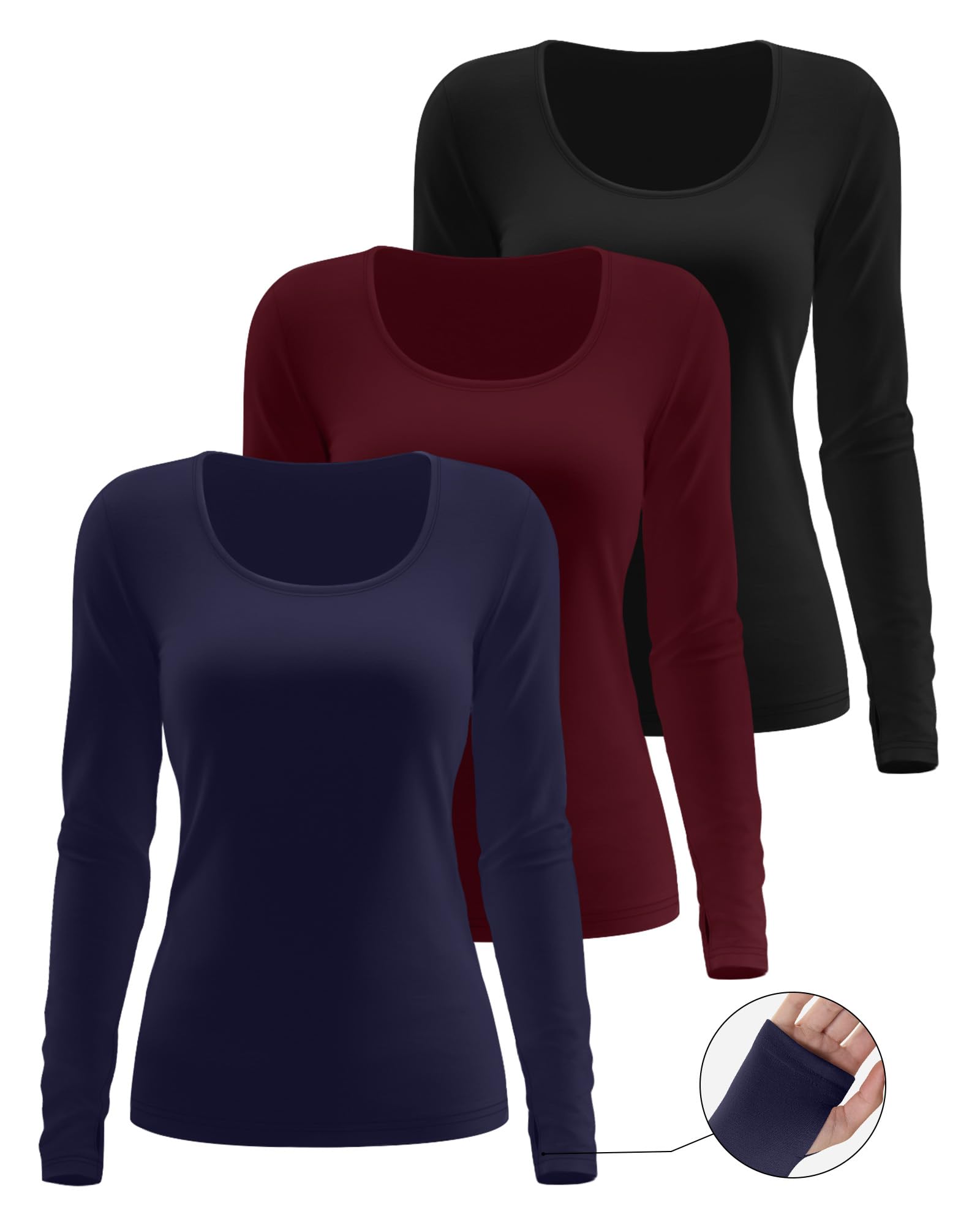 Neer Lot de 3 chemises à manches longues avec trou pour le pouce pour femme