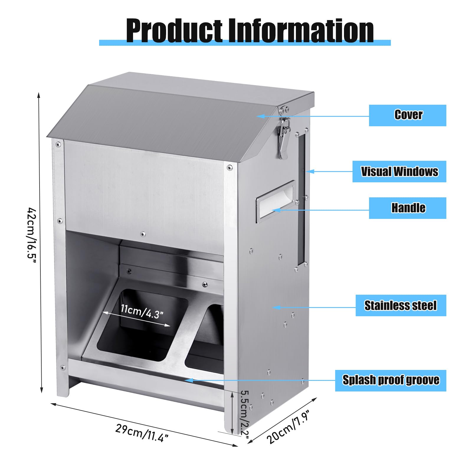 9kg Mangiatoia Automatica Per Polli No Waste Mangiatoia per Pollaio Grande in Acciaio Inossidabile Con Finestra Visiva e Coperchio Antipioggia per Pollo Anatra Tacchino, Uso Esterno