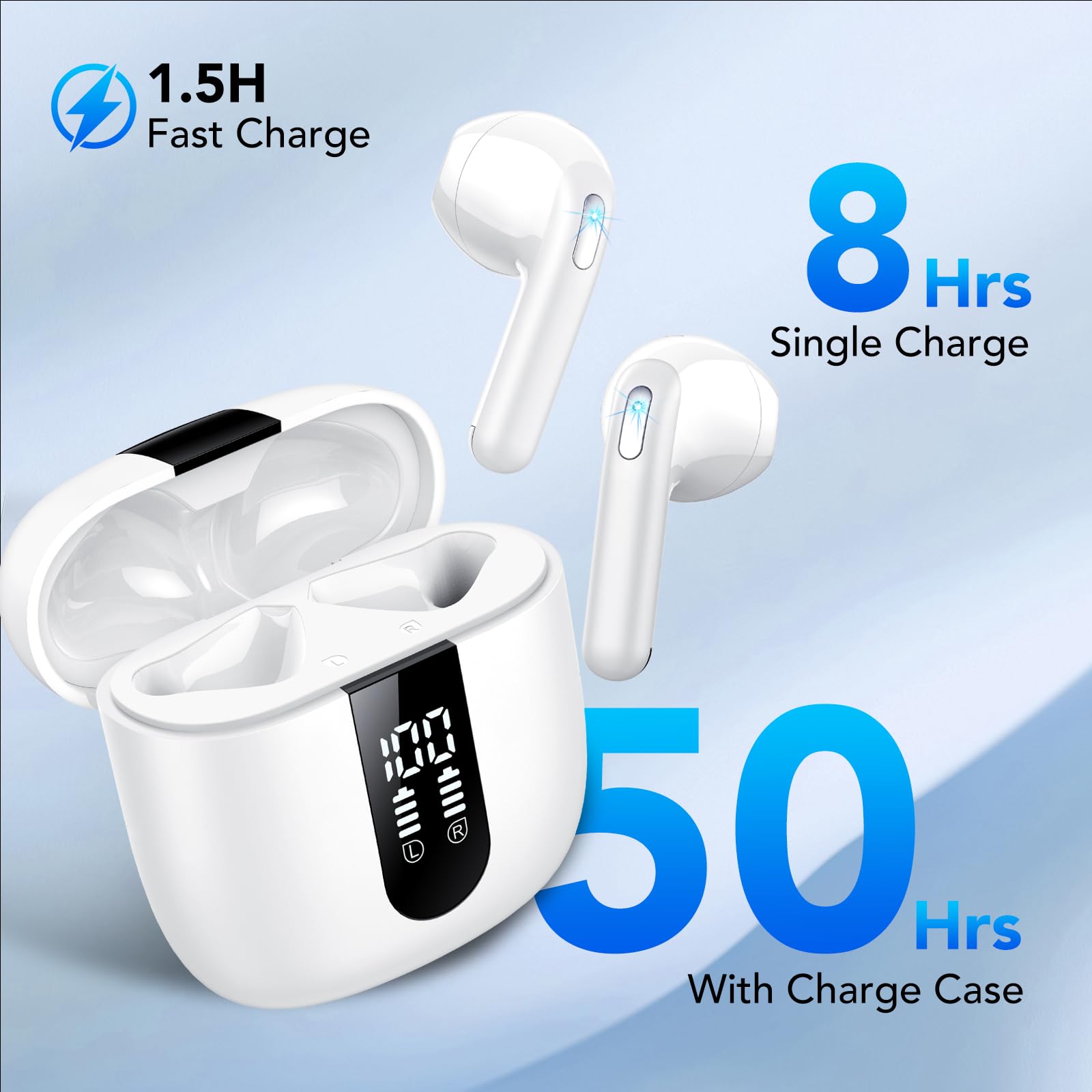Cuffie Bluetooth, Auricolari Bluetooth 5.4 Stereo HiFi con 4 ENC Mic,Cuffie Wireless con LED Display 50 Ore, Cancellazione Rumore Cuffiette Bluetooth,Touch Control,IP7 Impermeabile Auricolari Wireless