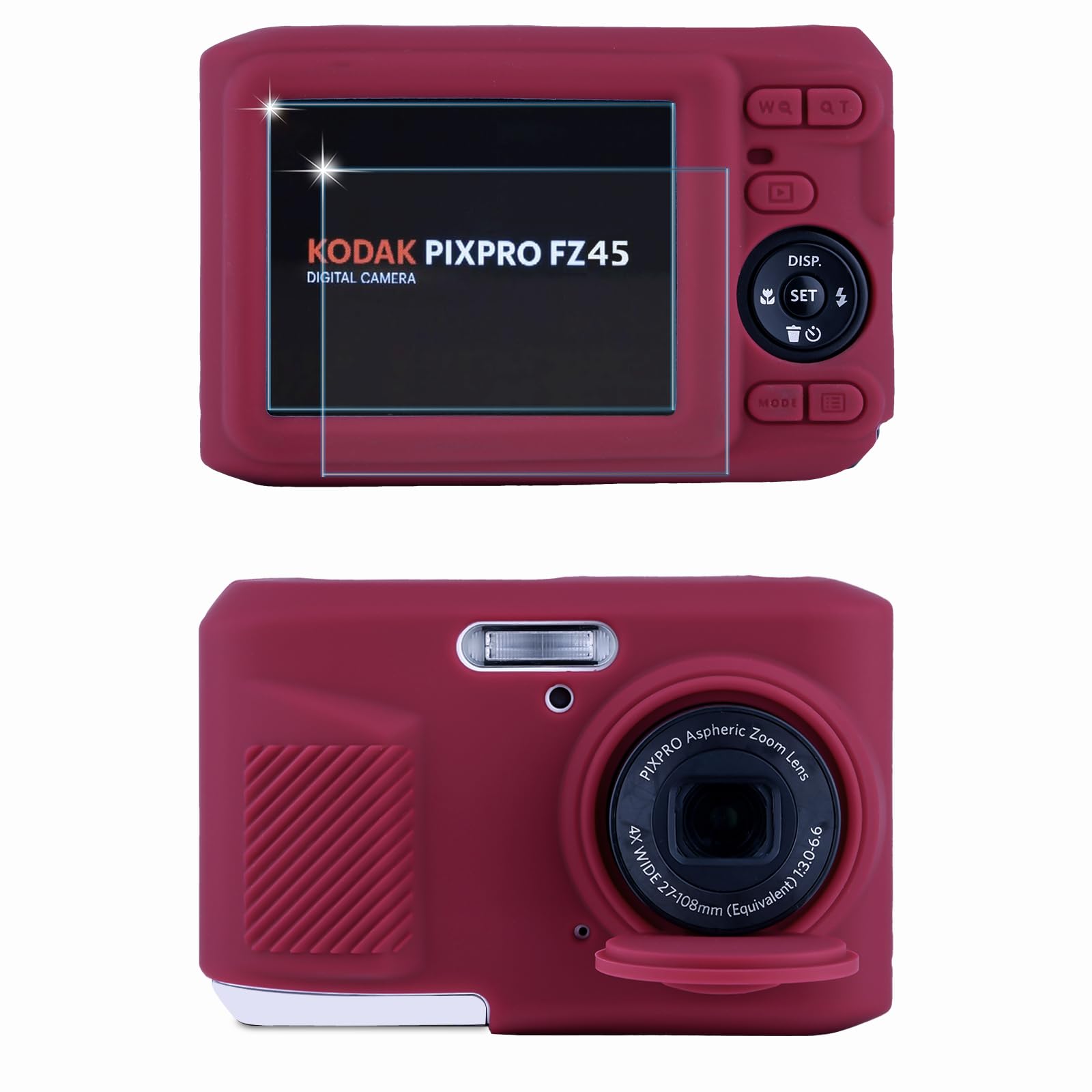 Frevyve Case for Kodak PIXPRO FZ45 Digital Camera Accessories, Soft Silicone Protective Case, Slim Fit Sleeve with Removable Lens Cover and Screen Protector, Lightweight, Anti-Scratch (Dark Red)