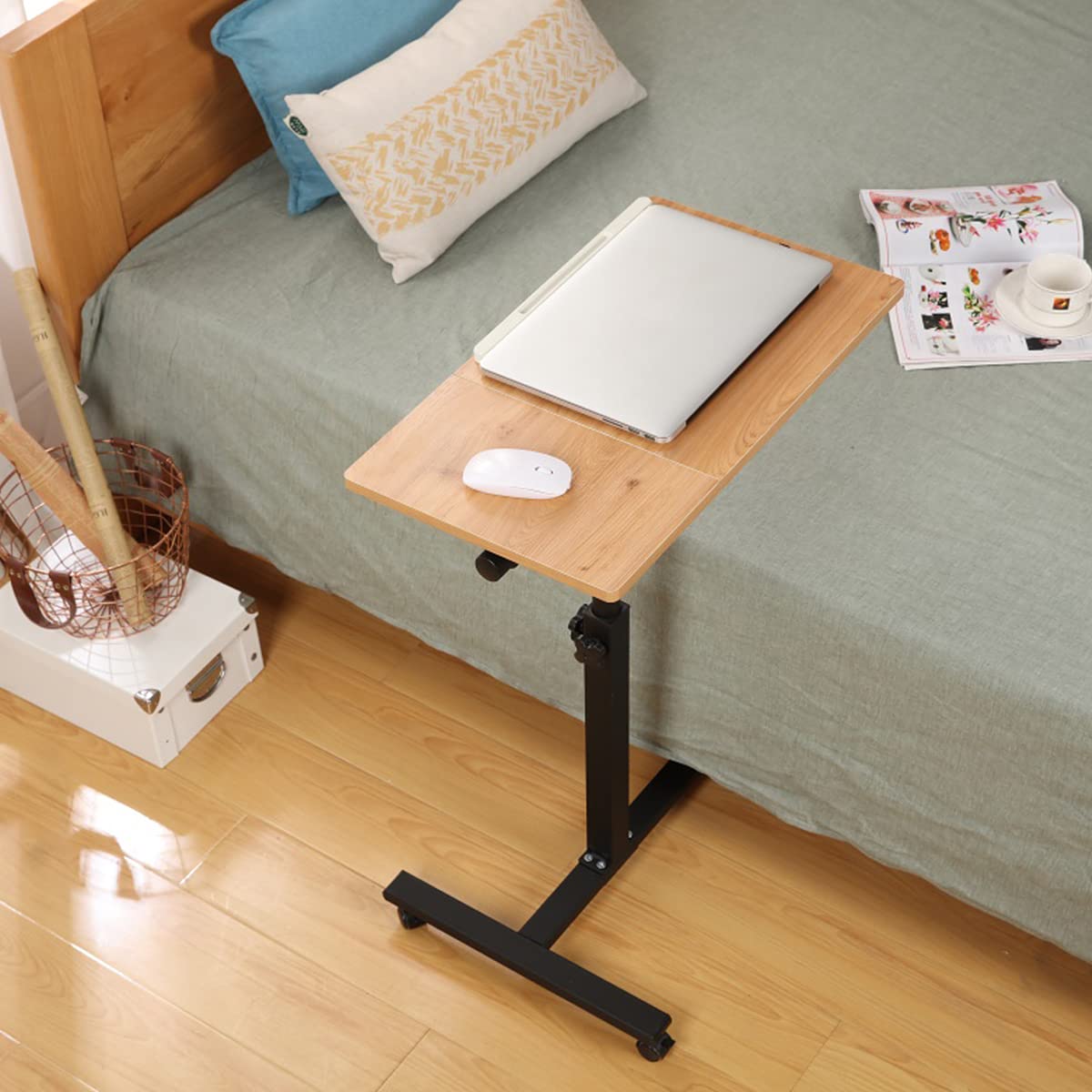 Beistelltisch Mit Rollen, Höhenverstellbarer Pflegetisch, Computertisch, Laptoptisch, PC Tisch für Büro, Betttisch Pflegebett, Schreibtisch (Holz 60.34.5.58/90cm)