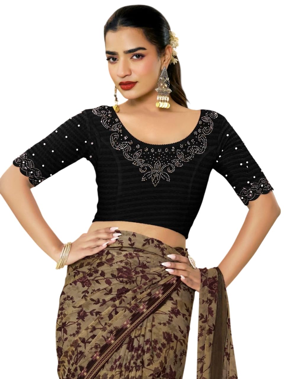 Women's Regular Fit Readymade Stretchy Elbow Length Embroidered Saree Blouse-picture-47