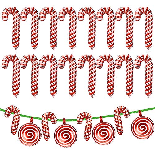 PartyFUN 24pcs Christmas Candy Canes Balloons, Foil Balloons for Christmas Theme Party Decorations (16 oversized and 4 mini Candy Canes & 4 Round Candies)