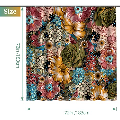 Aimego Boho Floral Shower Curtain Multi-Color Flowers Printed Bohemian Ethnic Style Shower Curtain Set With 12 Hooks For Bathroom Decor Accessories Bathtub Curtain, 72"×72" #TOP5