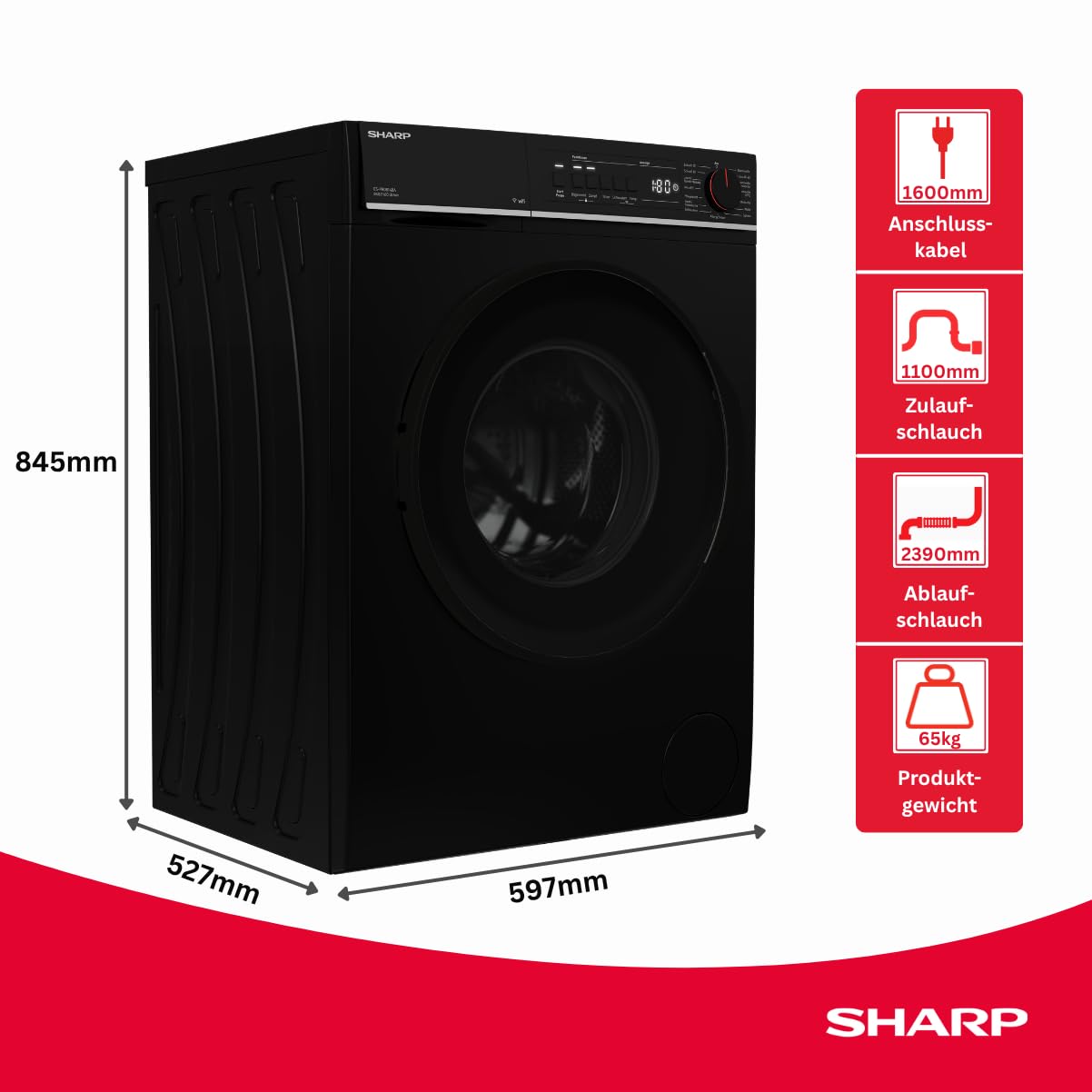 SHARP ES-PRO814BA-DE Waschmaschine 8 kg EEK A 1400 U/min WiFi Inverter Motor Dampf AquaStop Schwarz