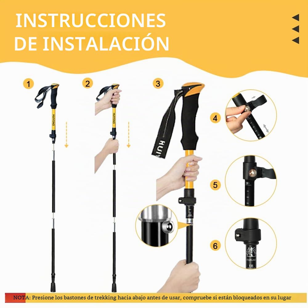 HUINING Bastones de senderismo plegables, 2 bastones de trekking de aluminio, para hombre y mujer, ligeros y plegables, ajustables, 115-135 cm, para deportes de montaña, senderismo y excursionismo