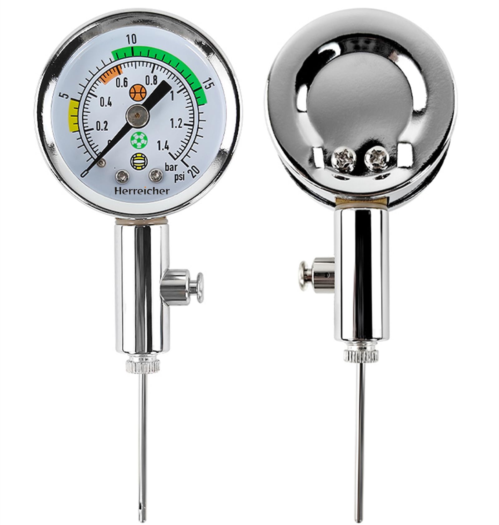 Jauge de pression d'air de précision pour football, basketball, volleyball et rugby - Boîtier en métal robuste et affichage clair (0-20 PSI/0-1,4 bar) - Aiguille pour toutes les valves à bille