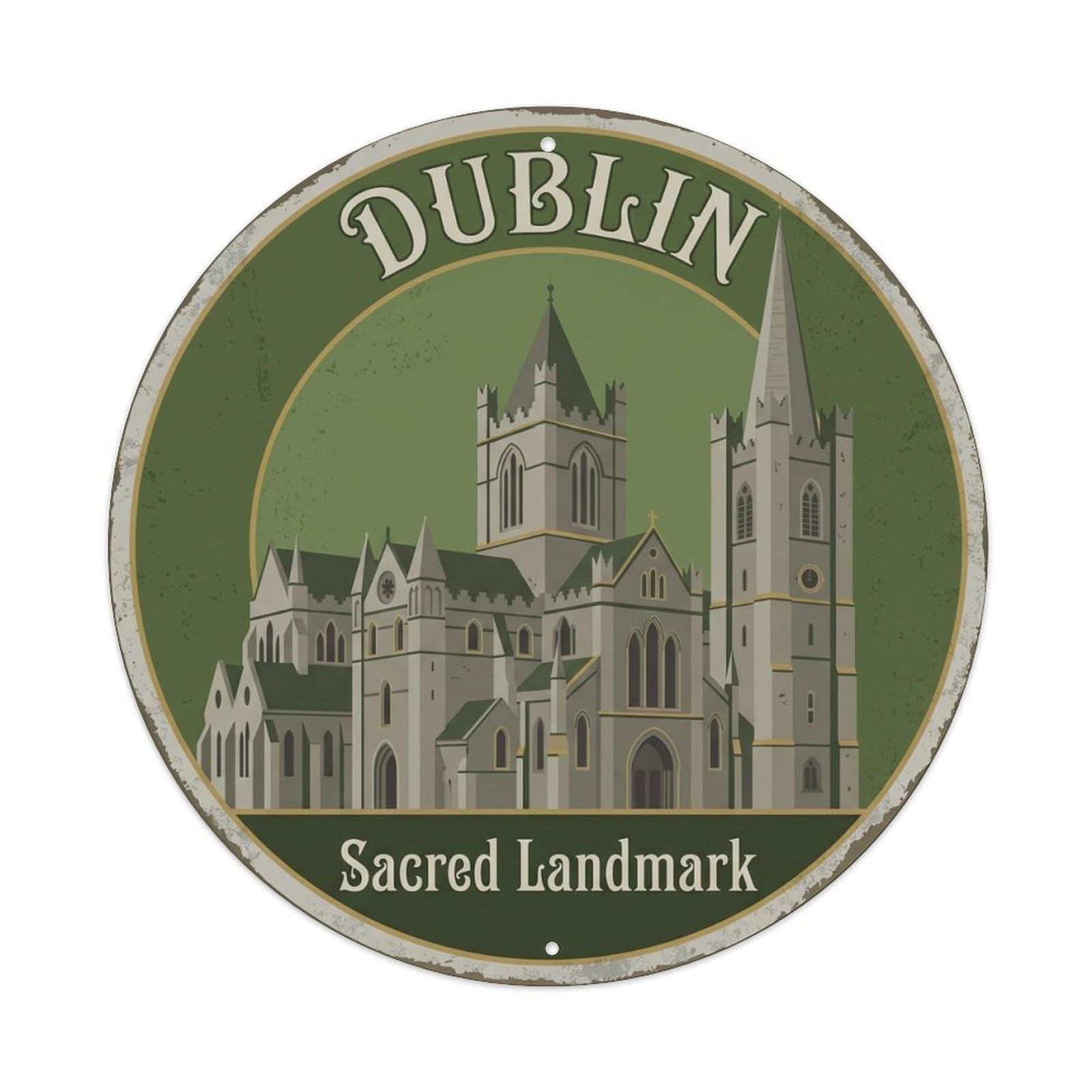 Vintage Travel Dublin Cathedral Metal Tin Sign Plaque Wall Decor for Cafe, Club, Garden Round Metal Poster 8x8Inch