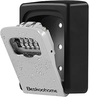 Key Safe Wall Mounted Lockbox - BeskooHome Waterproof Combination Key Lock Box, Zinc Alloy Key Storage with Slide Cover, Resettable Code, for House Spare Keys, Airbnb, Garage - Mounting Kit included