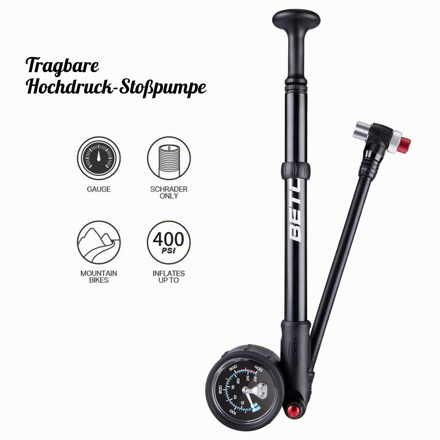 Beto Hochdruck-Stoßpumpe – (400 PSI max) MTB Bike Shock Pump für Gabel & Hinterradaufhängung mit No-Loss Schrader Ventil