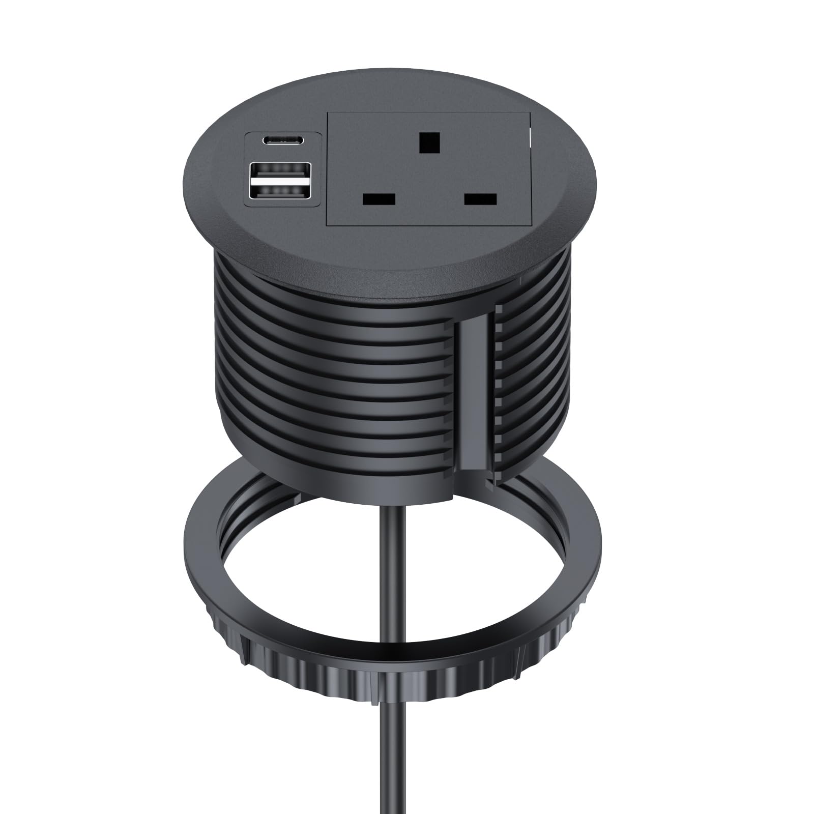 Recessed Power Socket with USB C, Haylink Desk Power Grommet with UK Plug, 3 USB Ports | 80mm Cutout | 2M Cable for Home & Office, Black