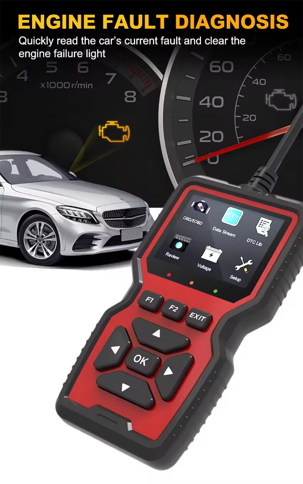 Rilevatore di Guasti Automobilistici, Scanner di Guasti al Motore con Dati in Tempo Reale, Ricerca di Codici di Guasto E Funzione di Cancellazione, per Tutte Le Auto con Protocollo OBD II.